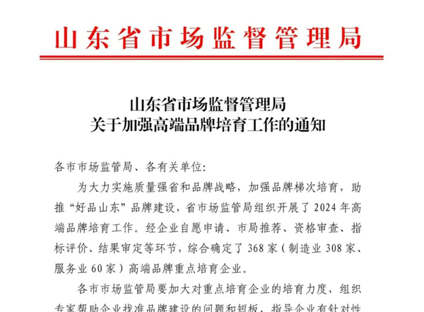 集团入选2024年山东省高端品牌重点造就企业（服务业）